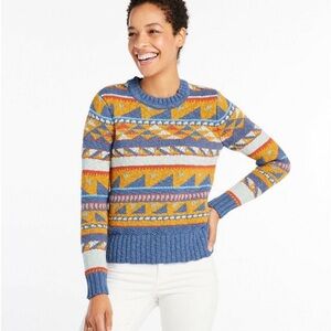 L.L. Bean Signature Women's Cotton Slub Sweater Fair Isle Blue Yellow Size Small